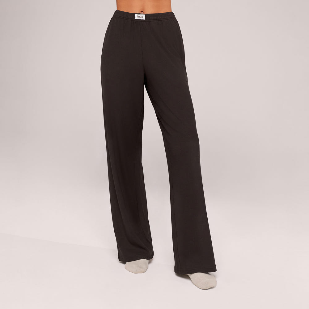 Soft Rib Lounge Wide Leg Bottoms - Black Coffee