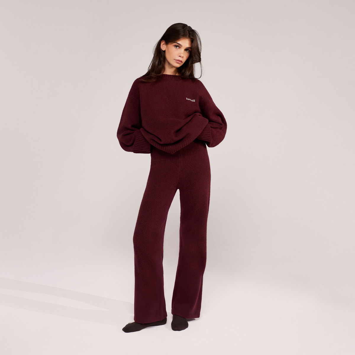 Wide Leg Knit Trousers - Burgundy