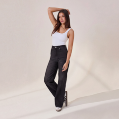 Wide Leg Jeans - Washed Black