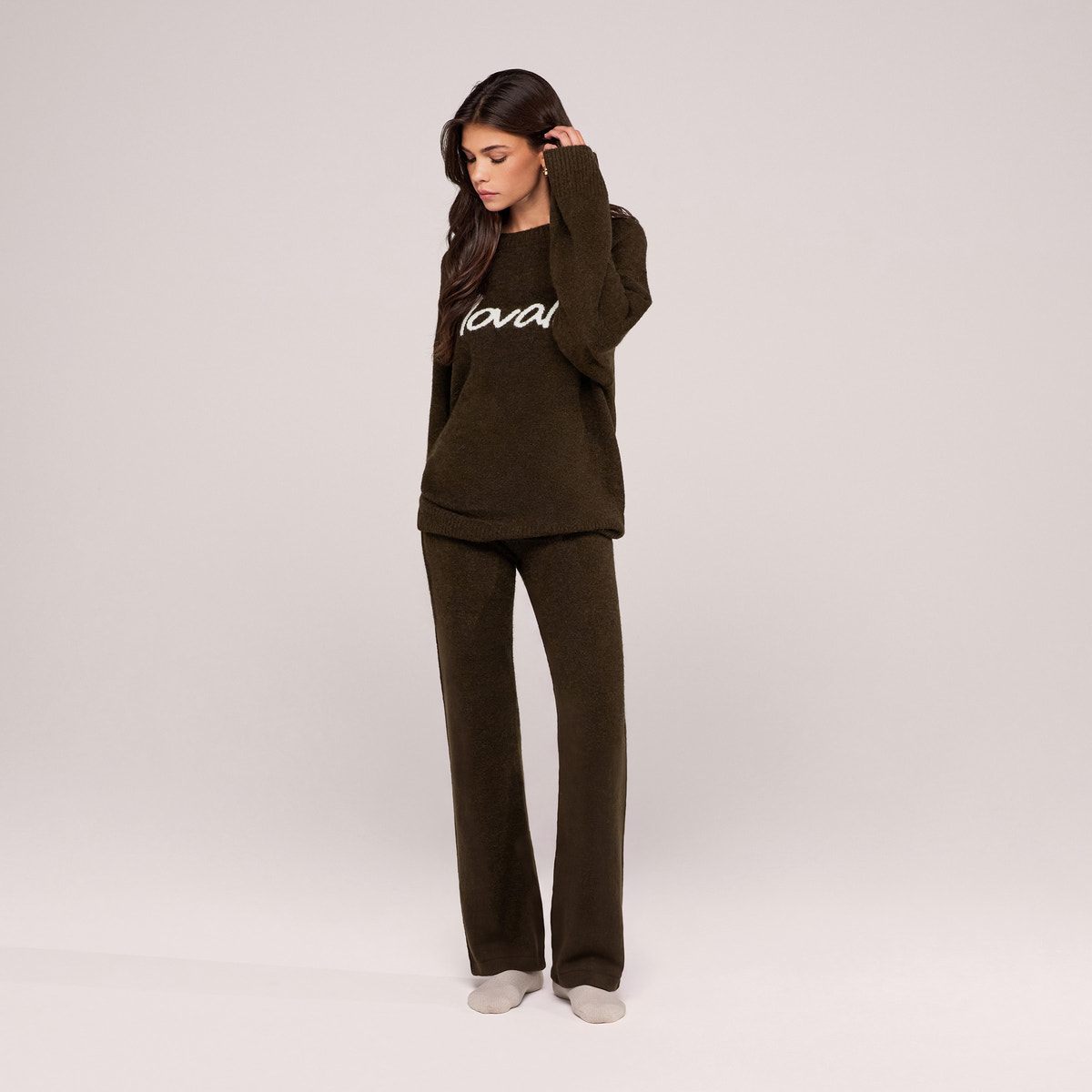 Alpaca Knit Wide Leg Trousers - Deep Olive