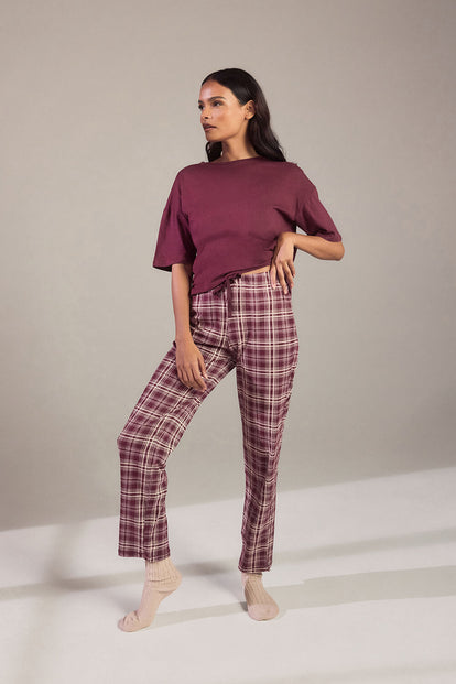 Curve Pure Cotton Pyjama Set - Burgundy Check