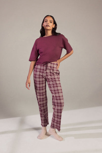 Curve Pure Cotton Pyjama Set - Burgundy Check