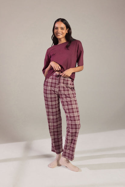 Curve Pure Cotton Pyjama Set - Burgundy Check