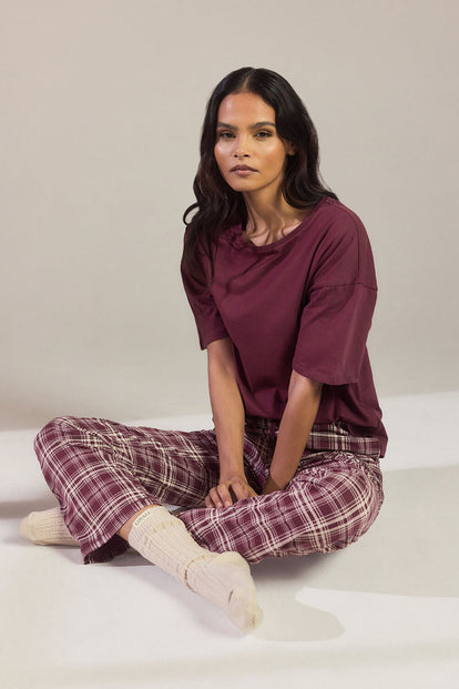 Curve Pure Cotton Pyjama Set - Burgundy Check