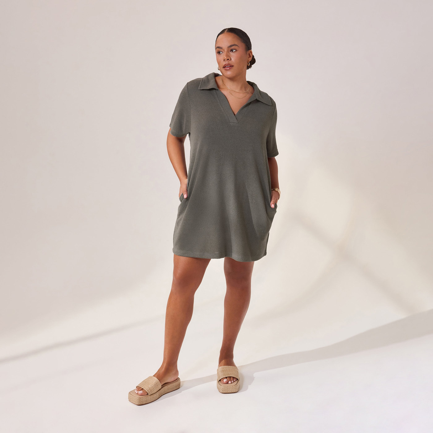 Curve Lightweight Collared Knit Dress - Slate Green