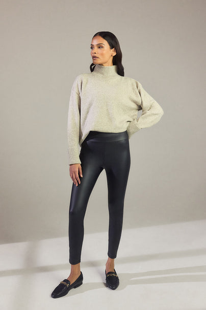 Leather Look High Waisted Leggings - Black