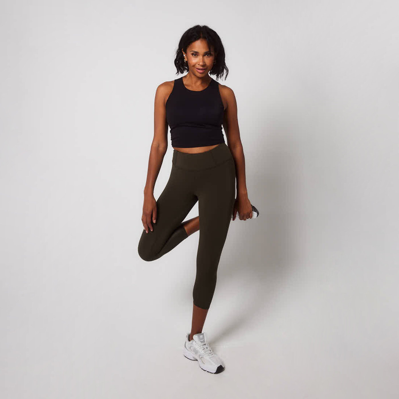 Curve Focus Cropped High Waisted Sports Leggings - Olive Green