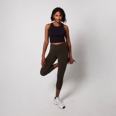 Curve Focus Cropped High Waisted Sports Leggings - Olive Green