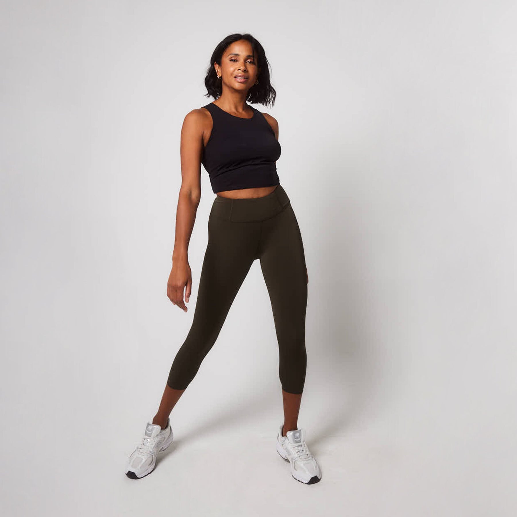 Curve Focus Cropped High Waisted Sports Leggings - Olive Green
