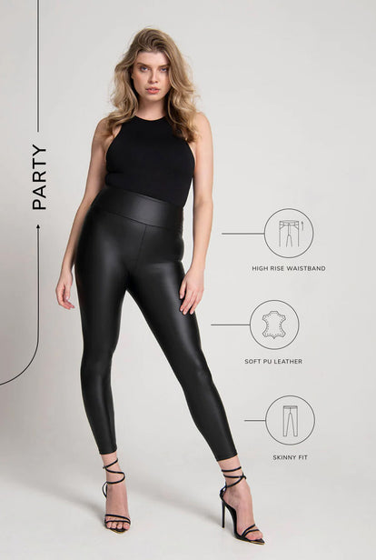 Leather Look High Waisted Leggings - Black