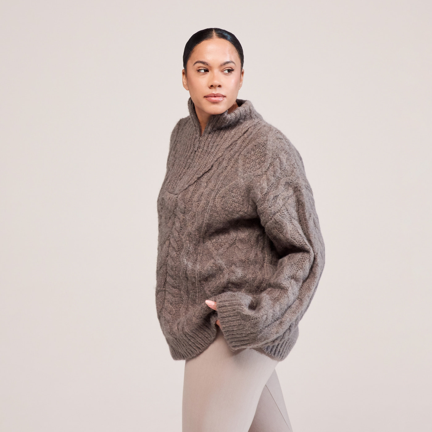 Curve Cable Knit 1/4 Zip Jumper - Mocha