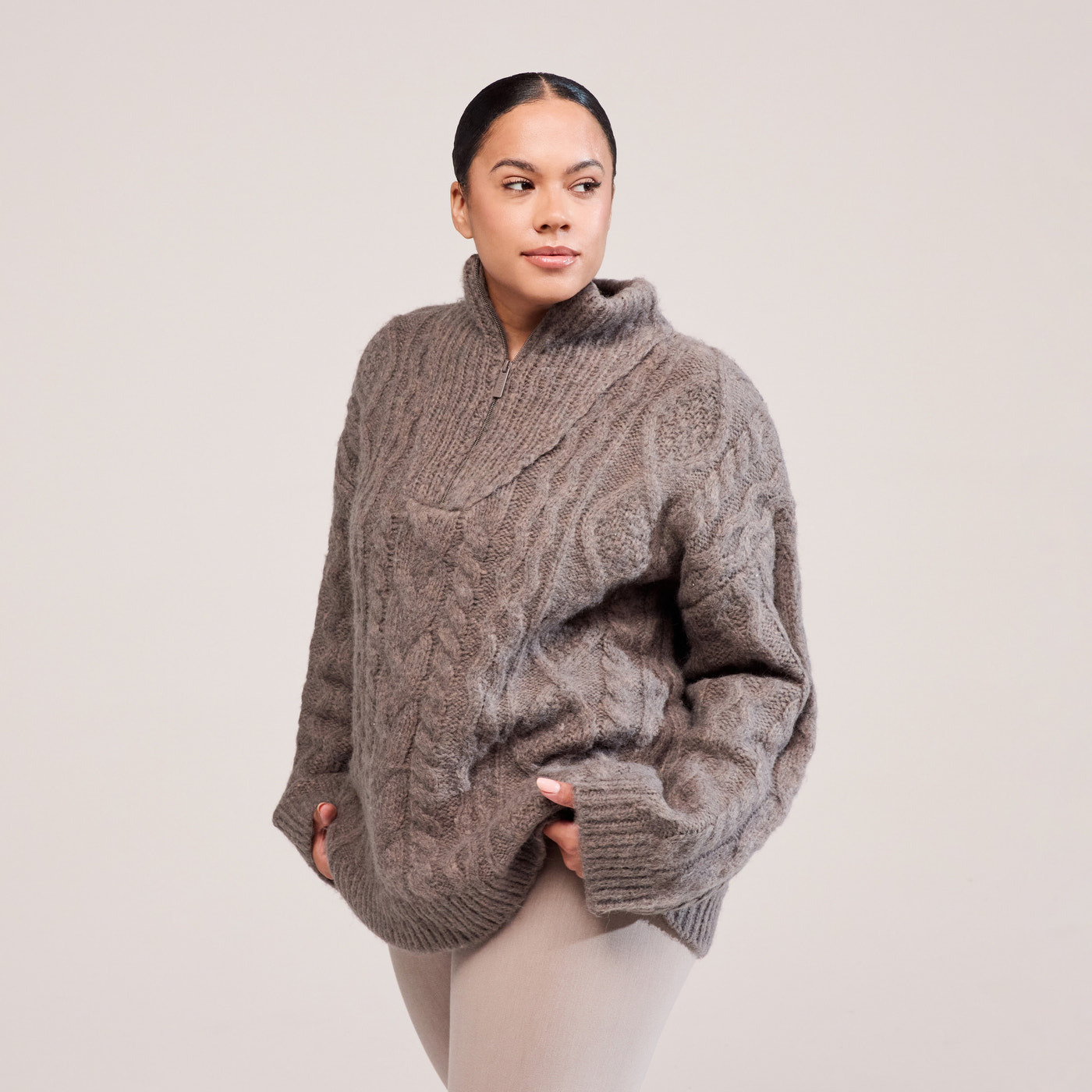 Curve Cable Knit 1/4 Zip Jumper - Mocha