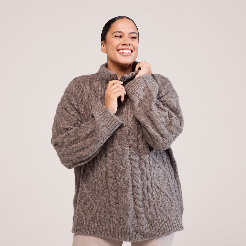 Curve Cable Knit 1/4 Zip Jumper - Mocha