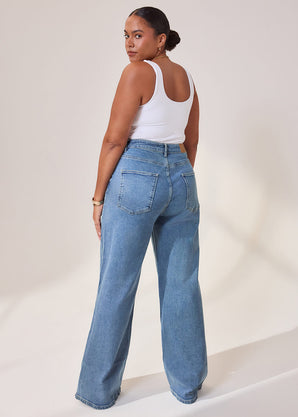 Curve Wide Leg Jeans - Mid Blue