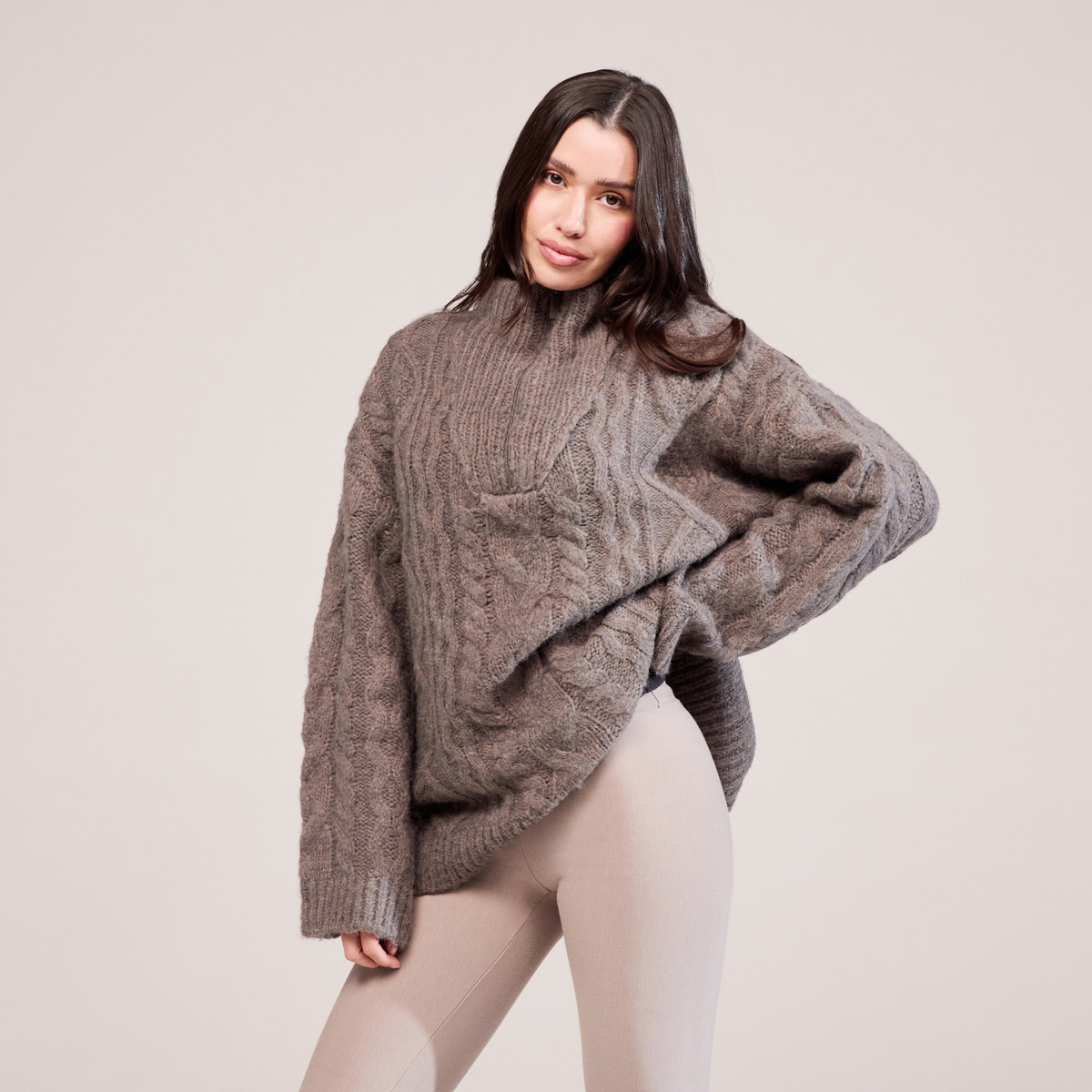 Cable Knit 1/4 Zip Jumper - Mocha