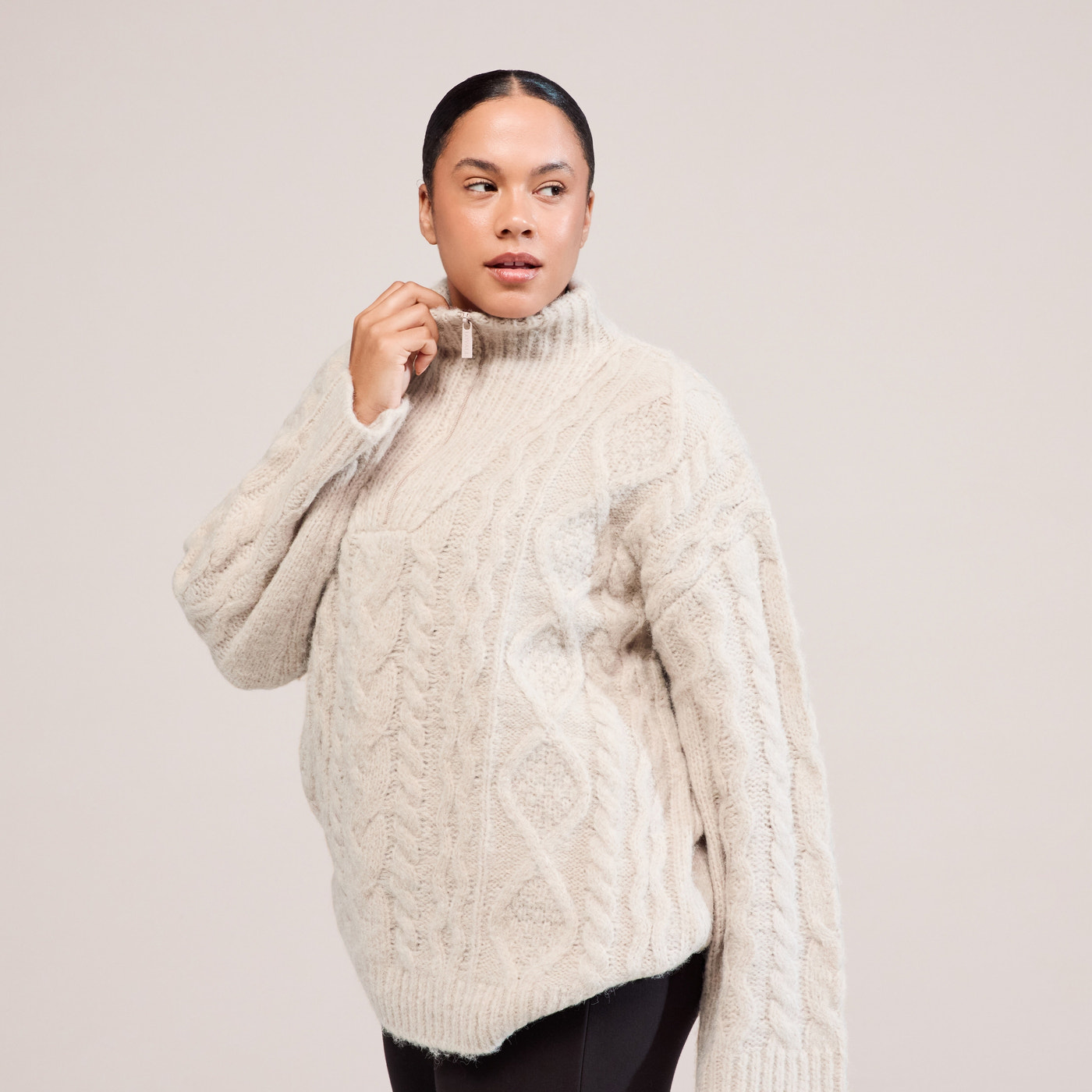 Curve Cable Knit 1/4 Zip Jumper - Beige