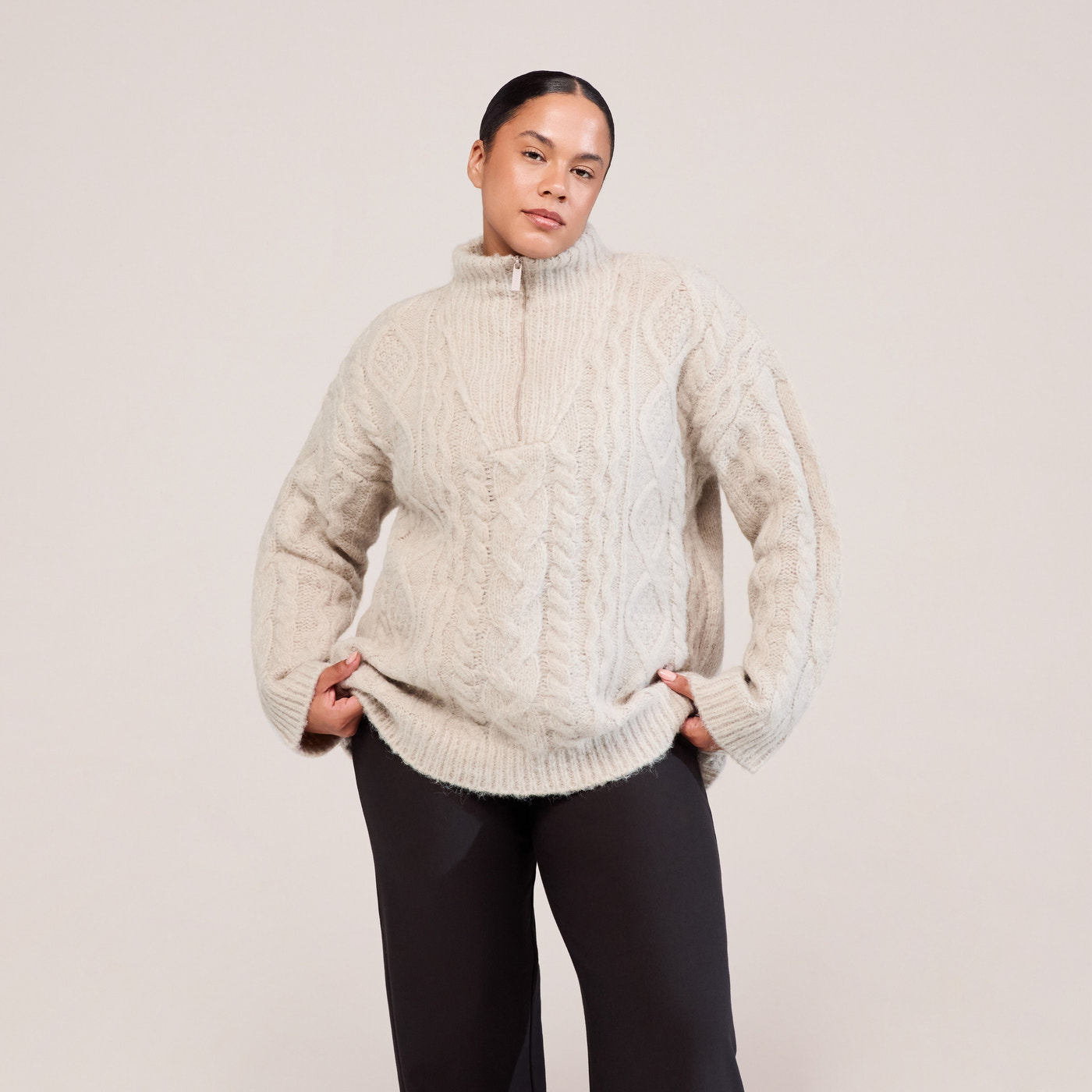 Curve Cable Knit 1/4 Zip Jumper - Beige
