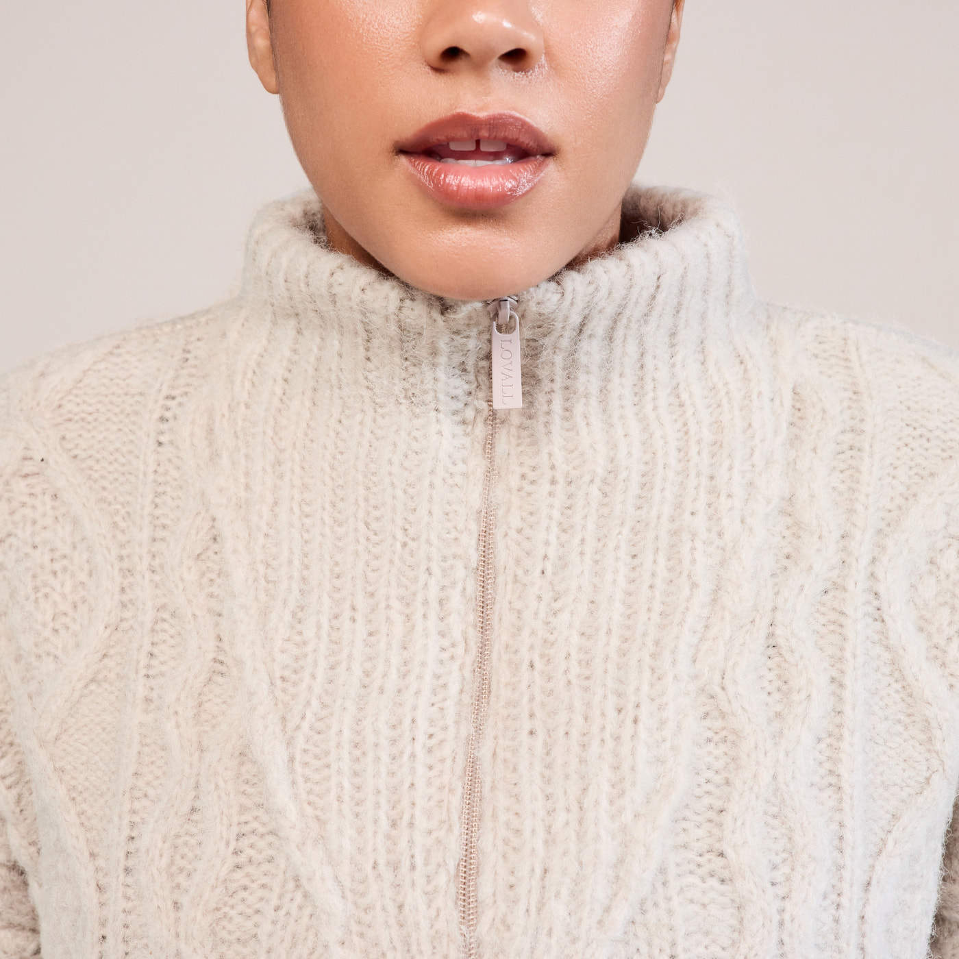 Curve Cable Knit 1/4 Zip Jumper - Beige