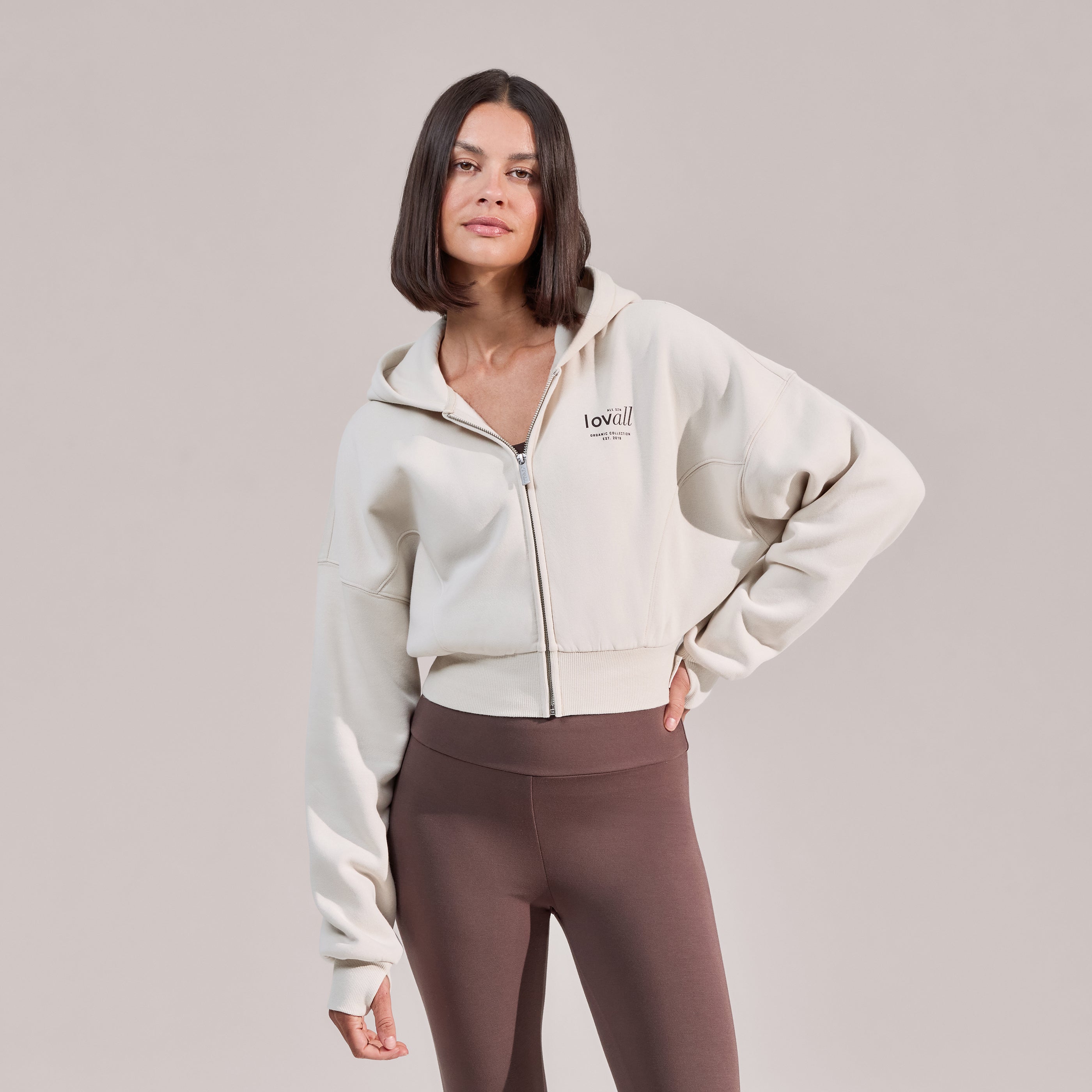 Organic Crop Zip Hoodie - Ecru