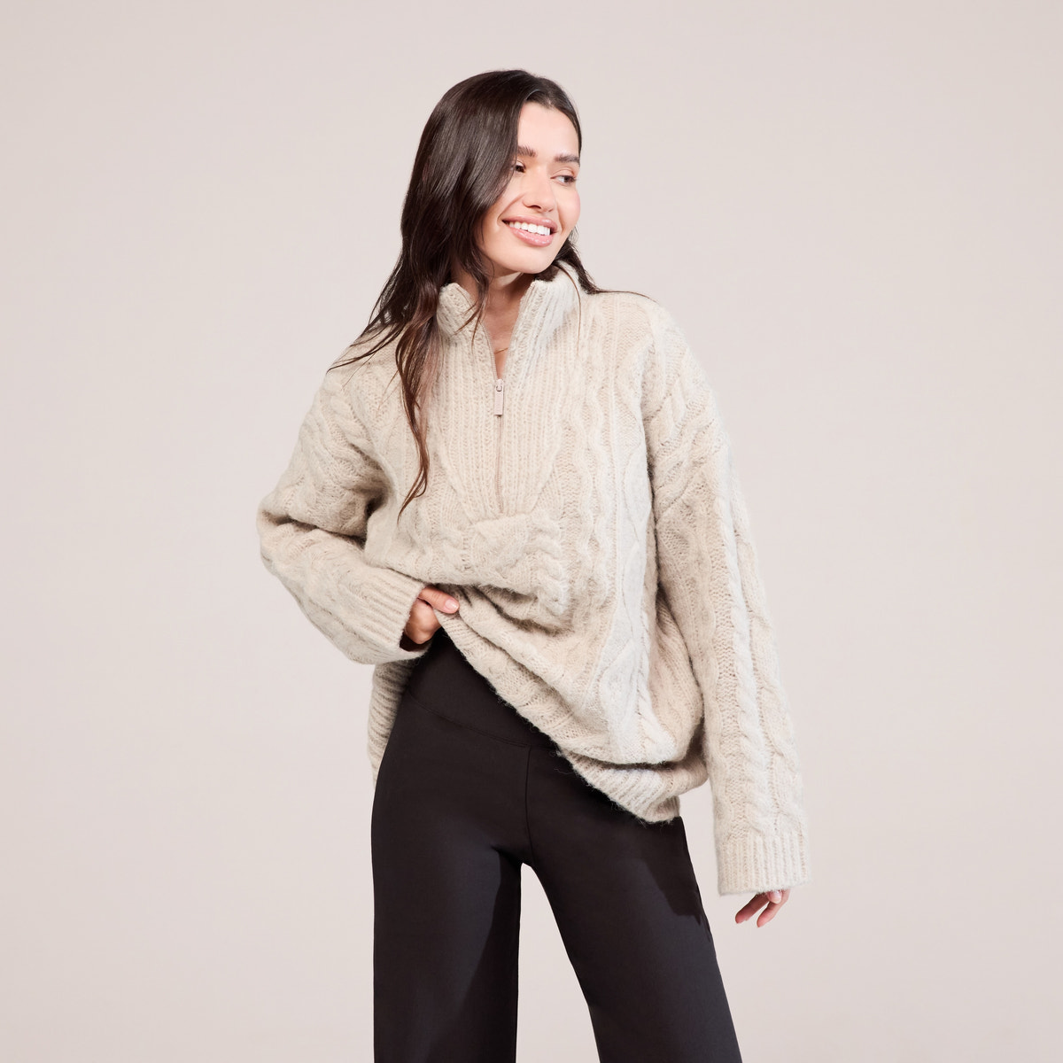 Cable Knit 1/4 Zip Jumper - Beige