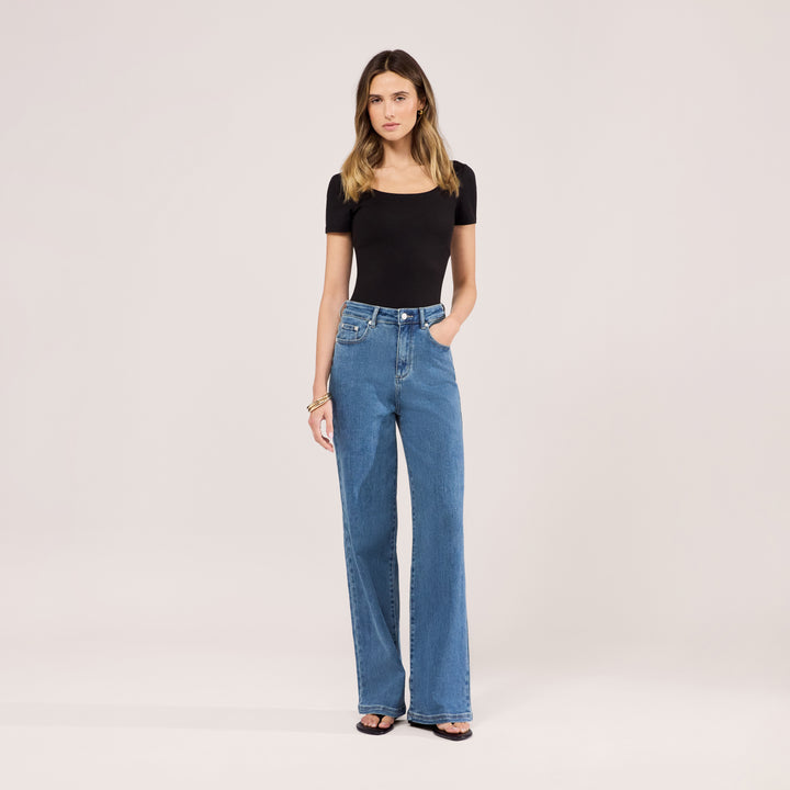 Stretch Wide Leg Jeans - Mid Blue