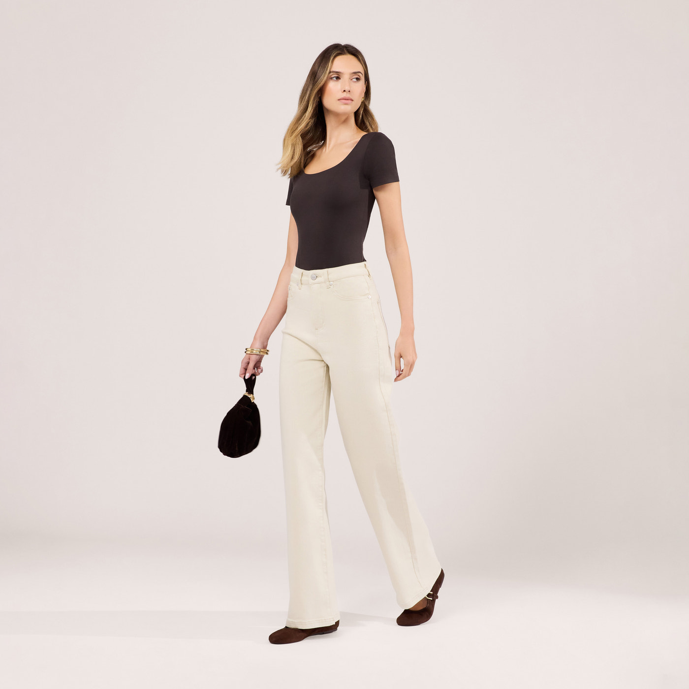 Stretch Wide Leg Jeans - Ecru