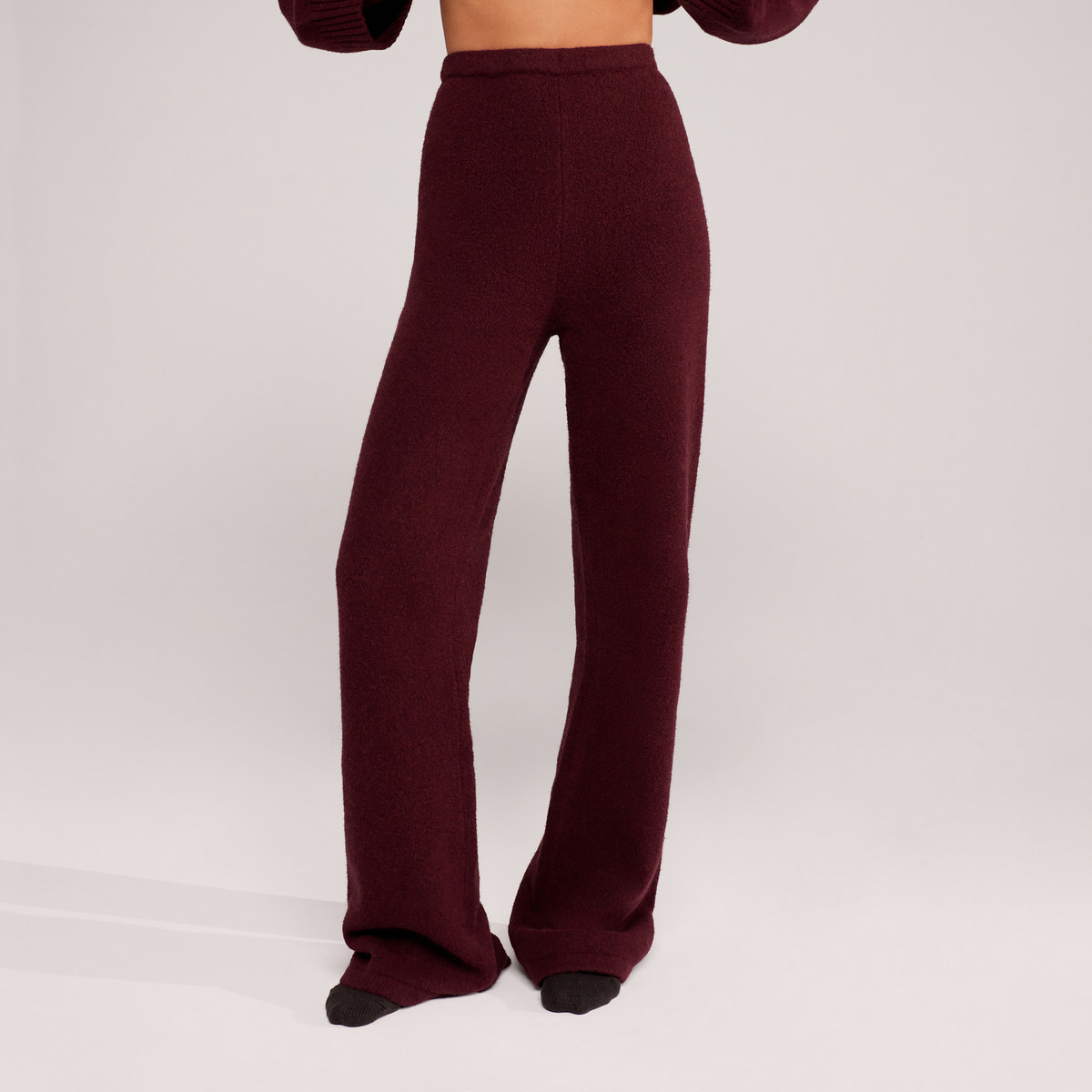 Wide Leg Knit Trousers - Burgundy