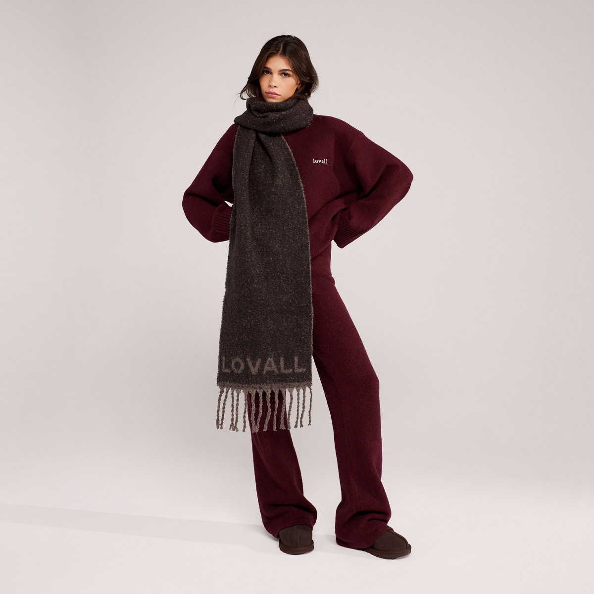 Wide Leg Knit Trousers - Burgundy