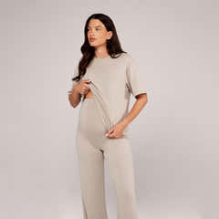 Maternity Soft Touch Wide Leg Lounge Set - Oatmeal Beige