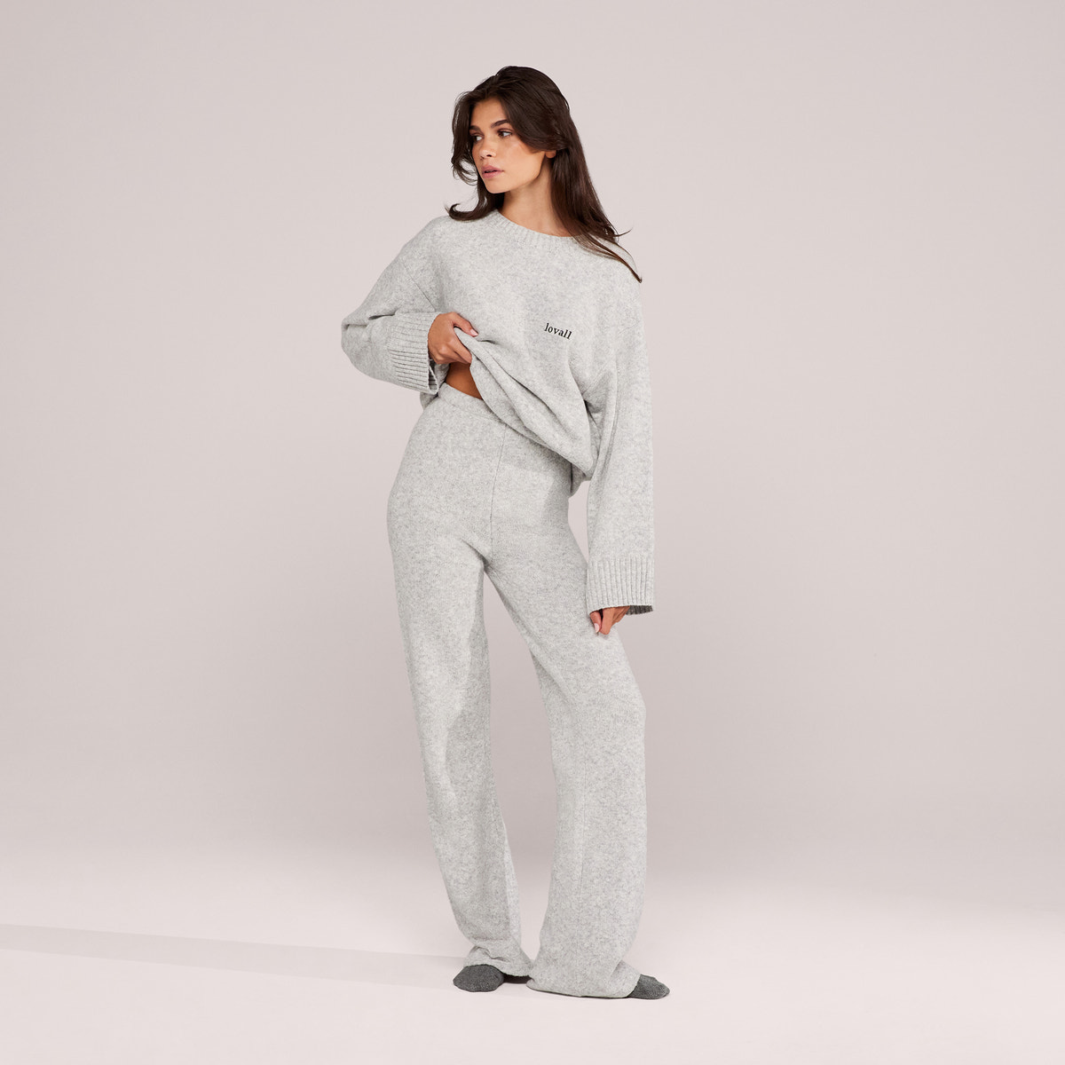 Wide Leg Knit Trousers - Light Grey