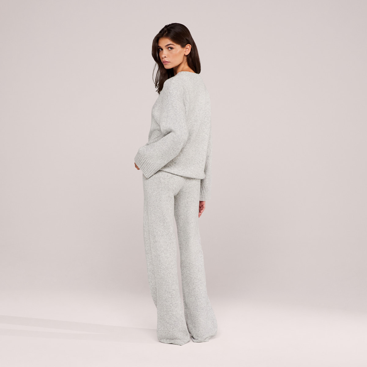 Wide Leg Knit Trousers - Light Grey