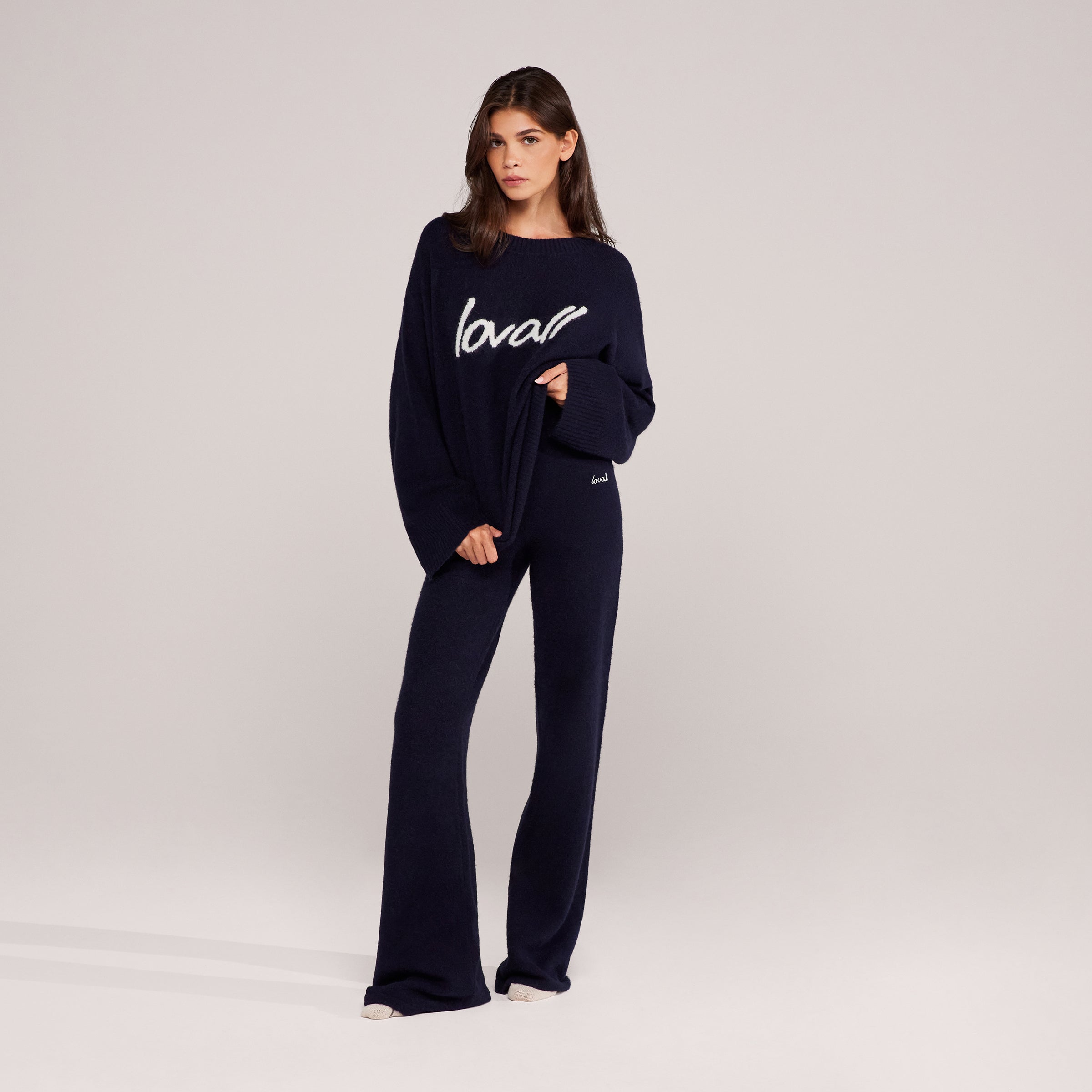 Brushed Knit Wide Leg Trousers - Navy