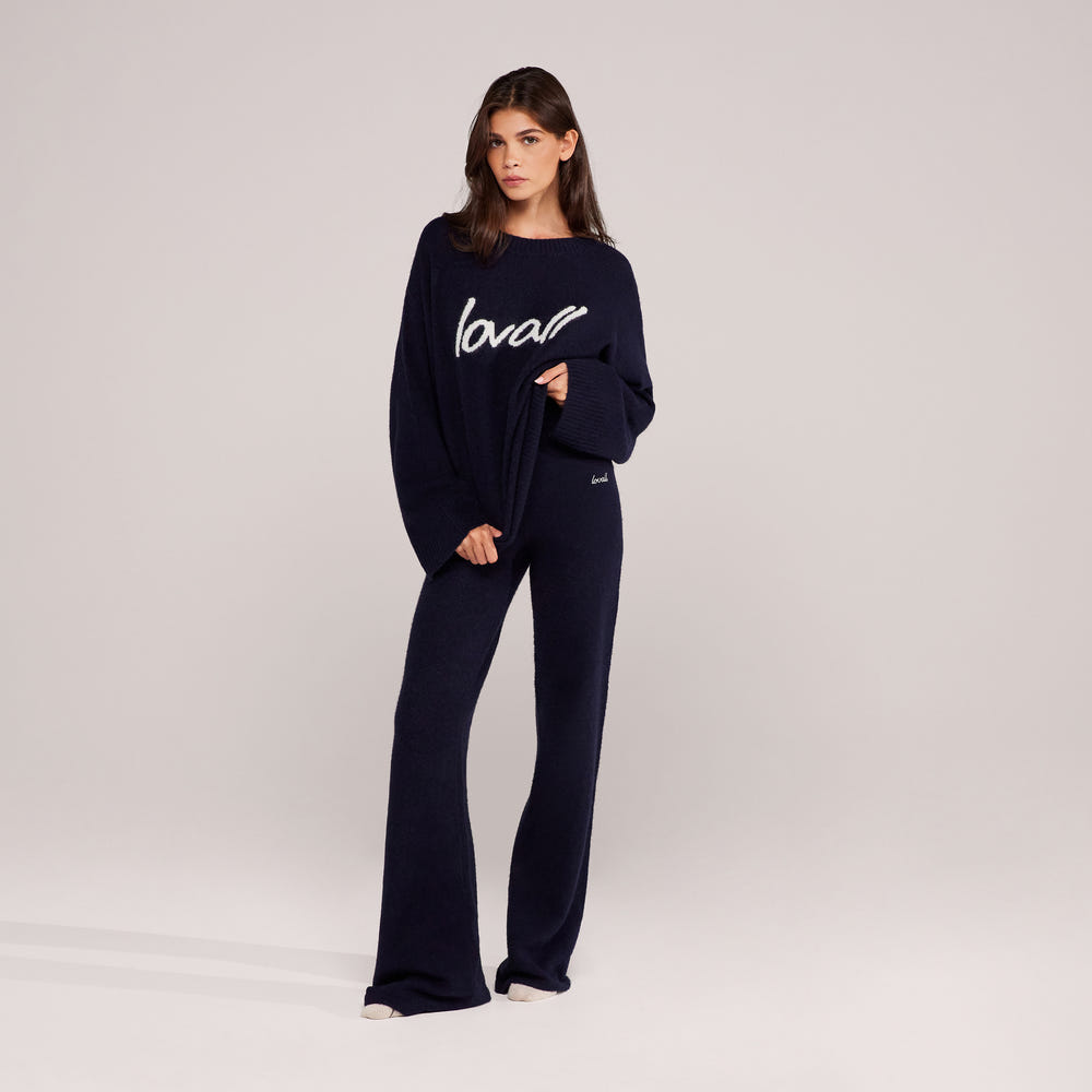 Brushed Knit Wide Leg Trousers - Navy