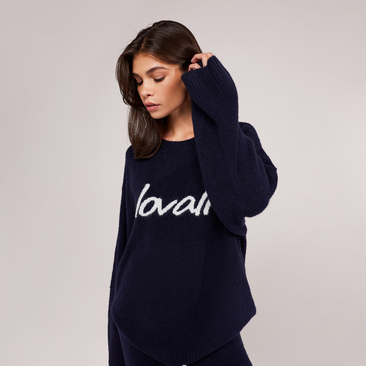 Brushed Knit Script Oversized Jumper - Navy