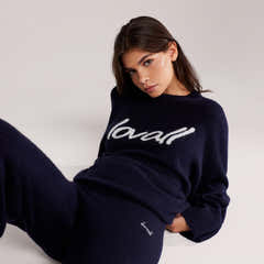 Brushed Knit Script Oversized Jumper - Navy