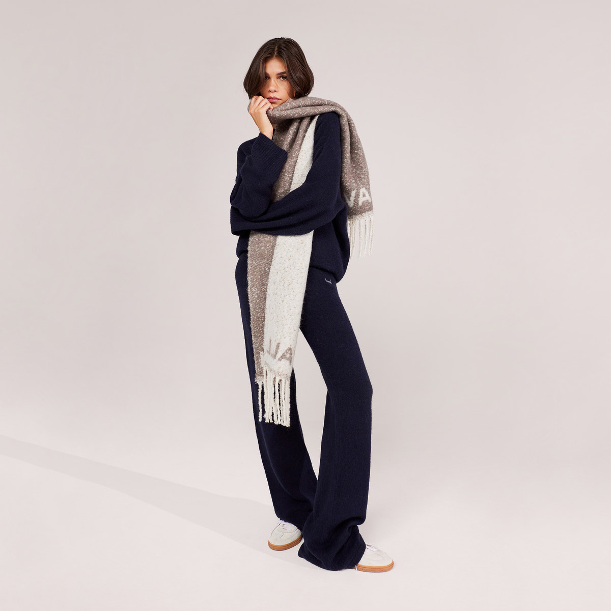 Brushed Knit Wide Leg Trousers - Navy