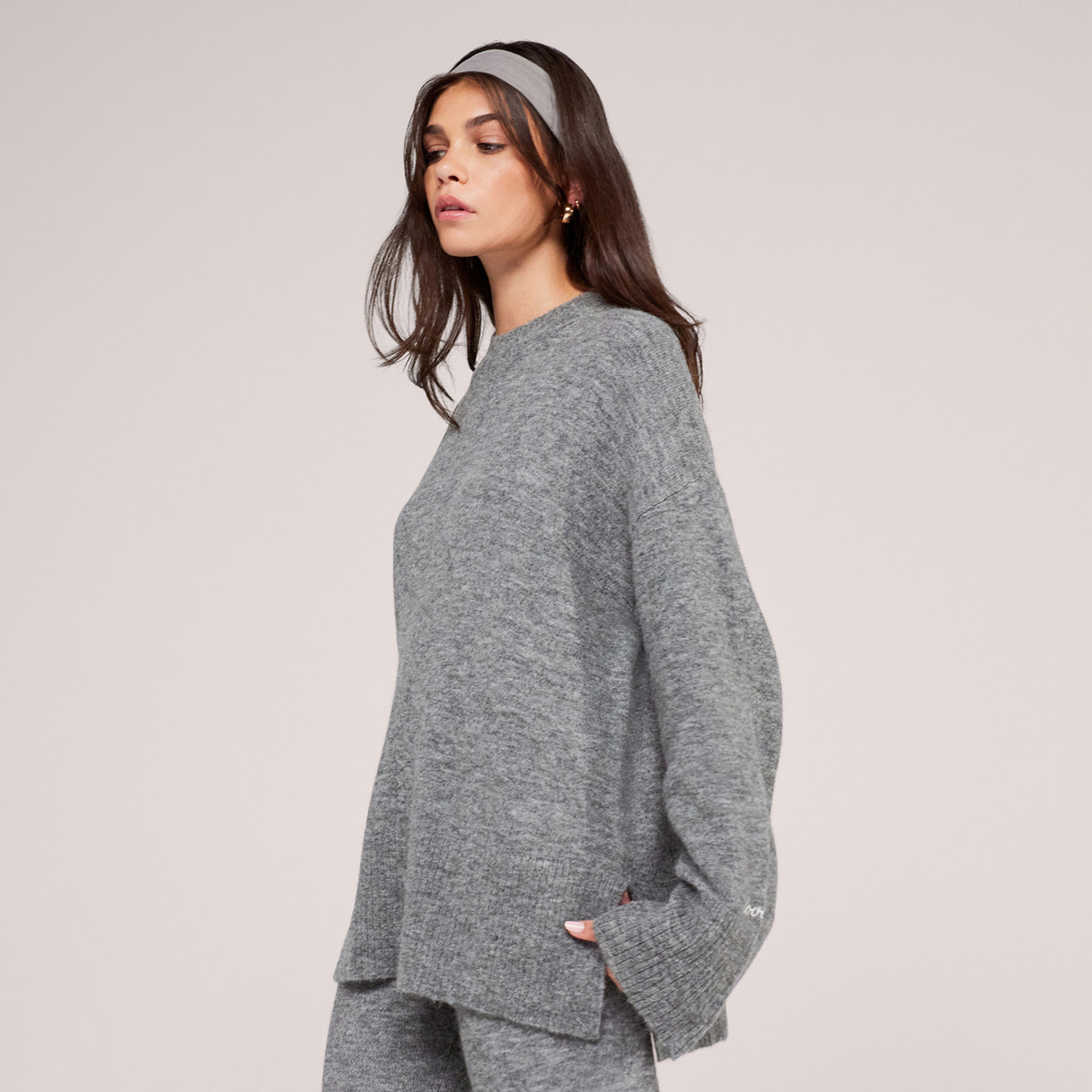 Brushed Knit Split Hem Oversized Jumper - Grey