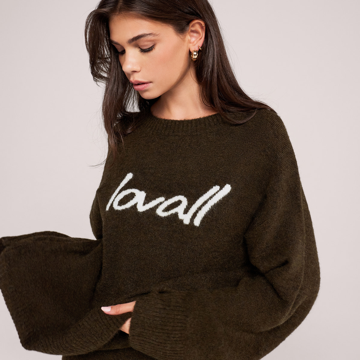Brushed Knit Script Oversized Jumper - Deep Olive