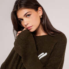 Brushed Knit Script Oversized Jumper - Deep Olive