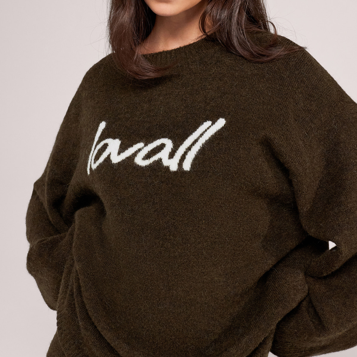Brushed Knit Script Oversized Jumper - Deep Olive