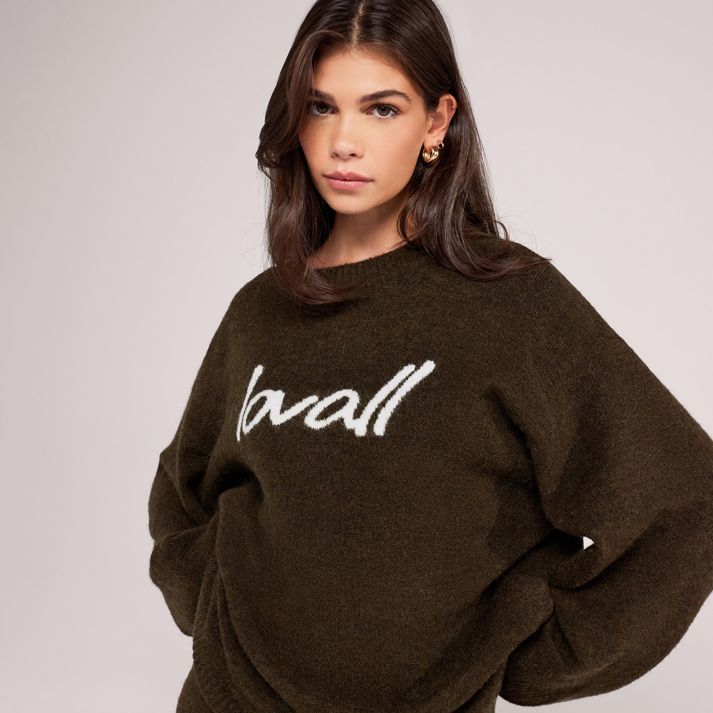 Brushed Knit Script Oversized Jumper - Deep Olive