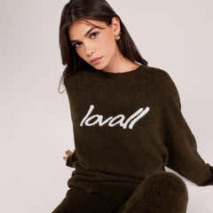 Brushed Knit Script Oversized Jumper - Deep Olive