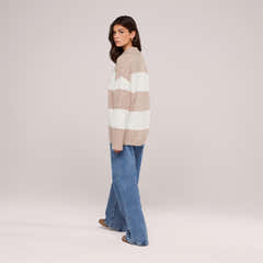 Brushed Knit Oversized Polo Jumper - Beige Stripe
