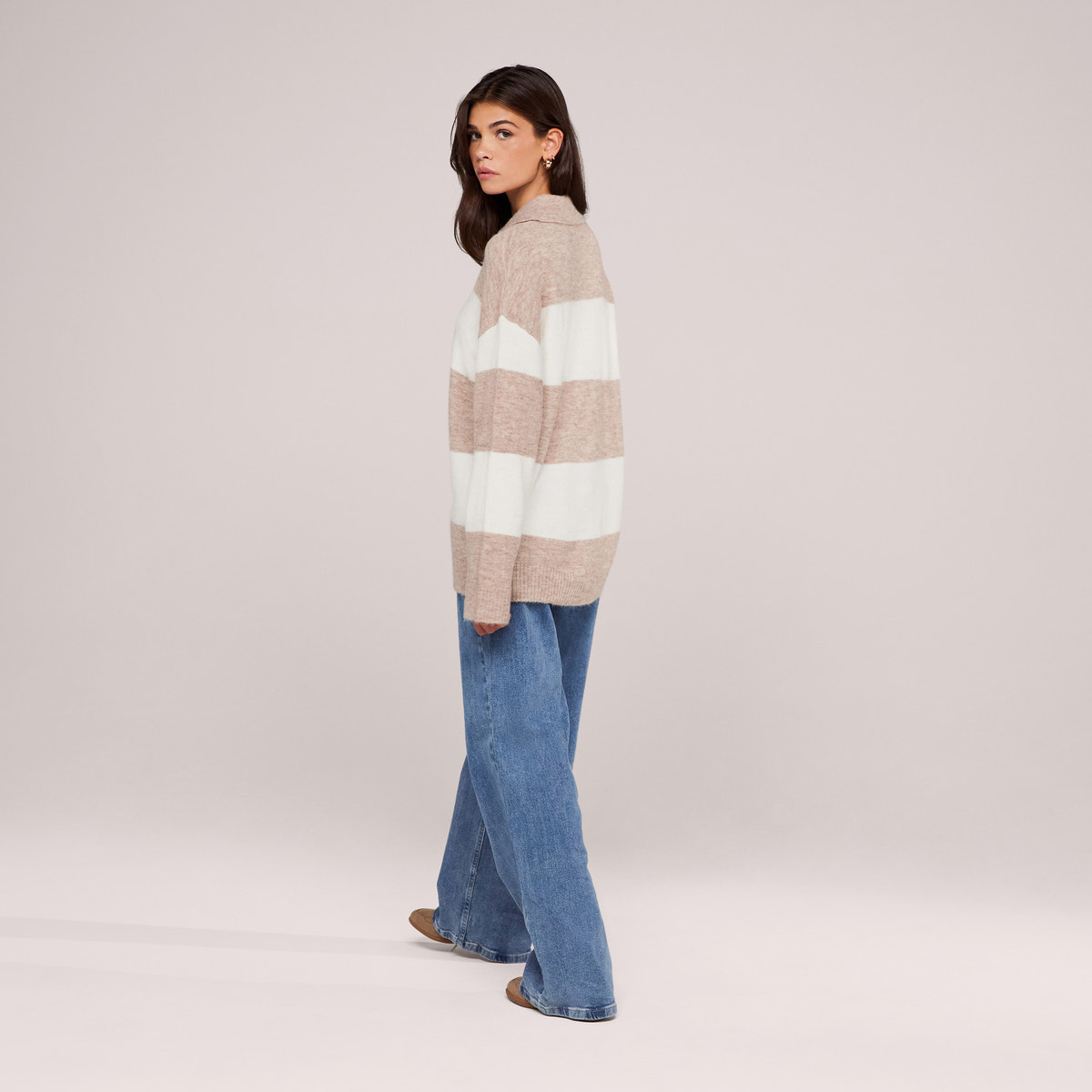 Brushed Knit Oversized Polo Jumper - Beige Stripe