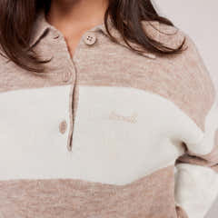 Brushed Knit Oversized Polo Jumper - Beige Stripe