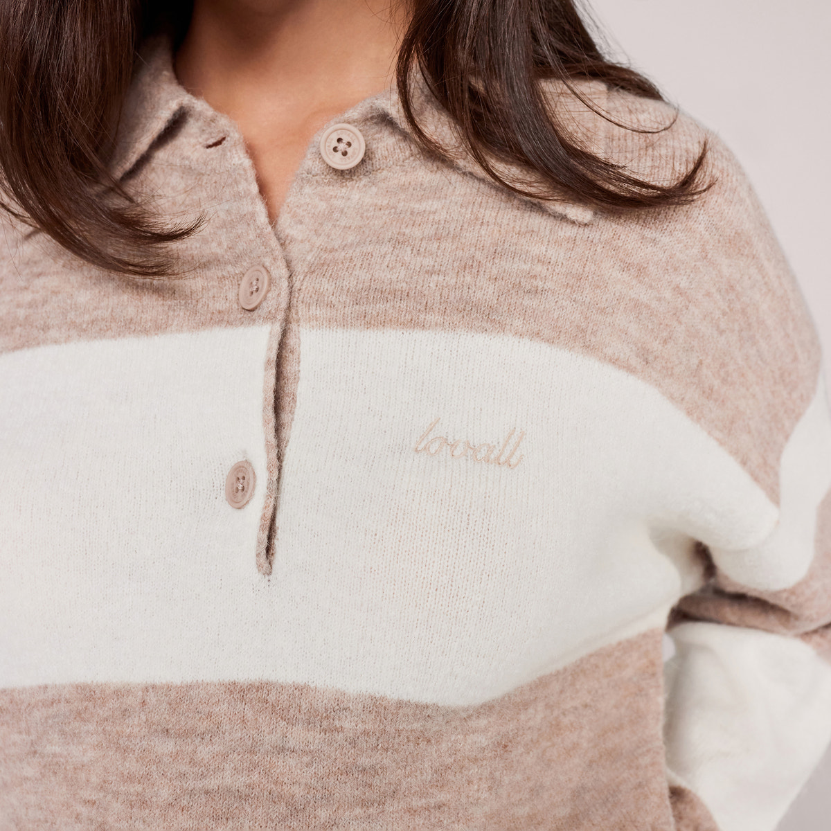 Brushed Knit Oversized Polo Jumper - Beige Stripe