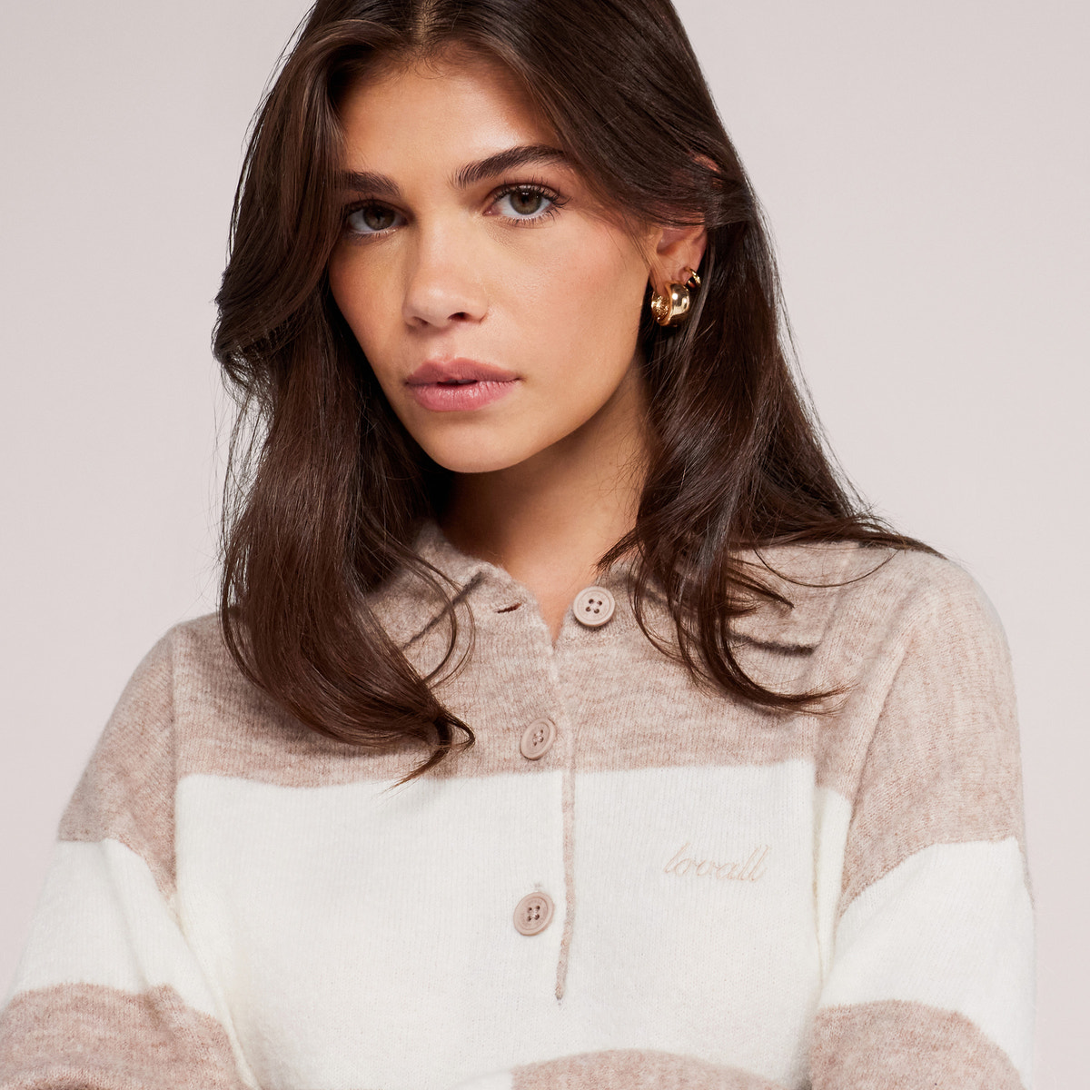 Brushed Knit Oversized Polo Jumper - Beige Stripe