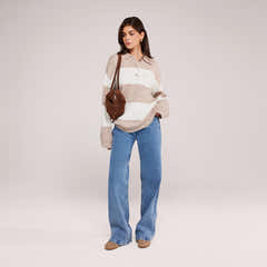 Brushed Knit Oversized Polo Jumper - Beige Stripe
