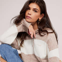 Brushed Knit Oversized Polo Jumper - Beige Stripe