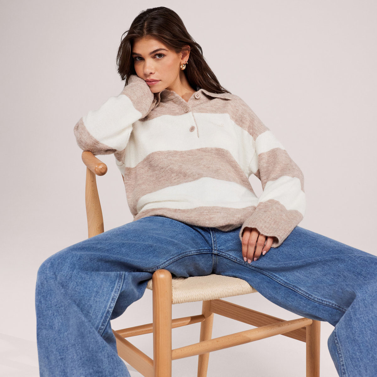 Brushed Knit Oversized Polo Jumper - Beige Stripe